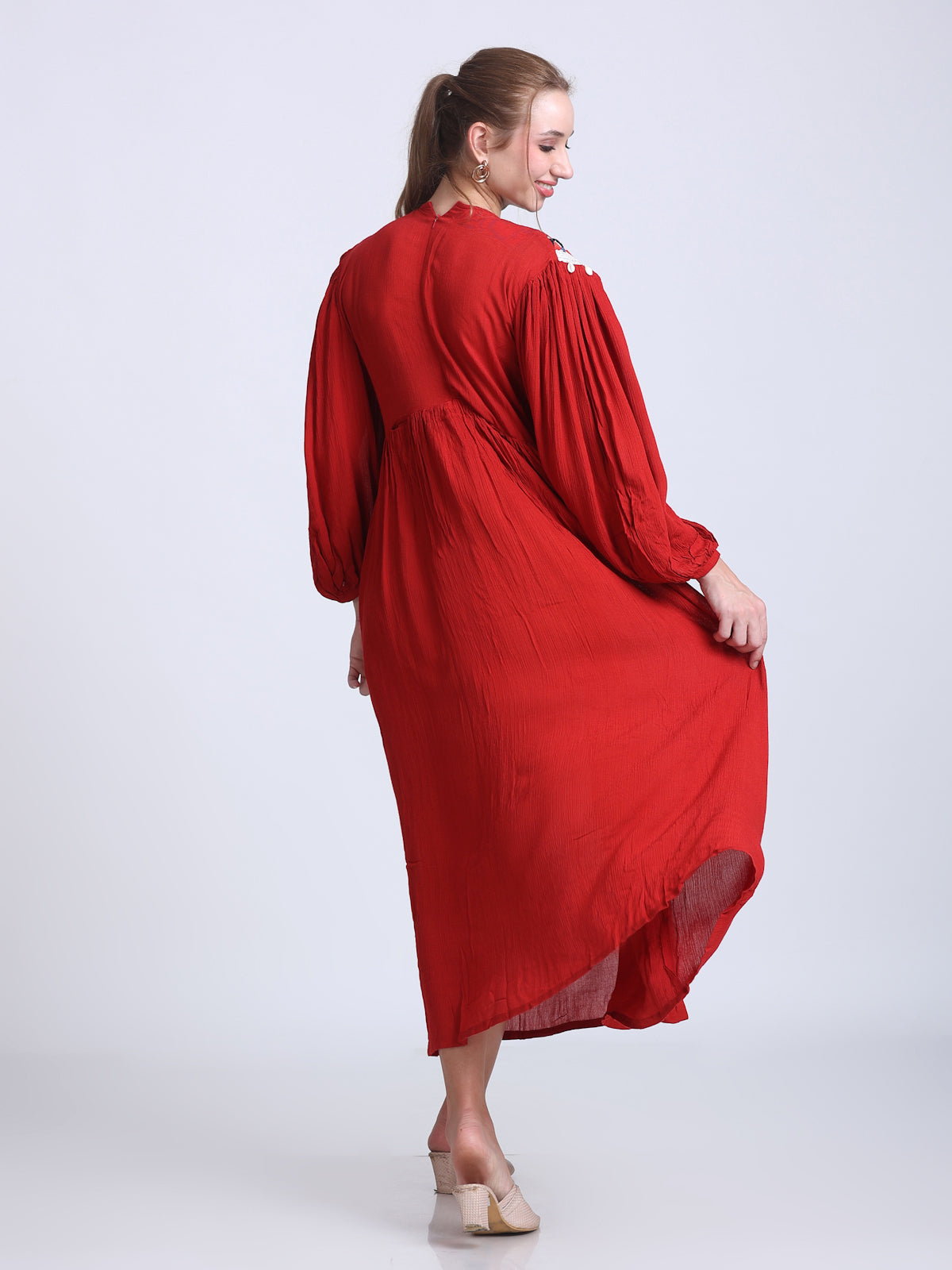 PINKS Dress Front Embroidered Cotton Red