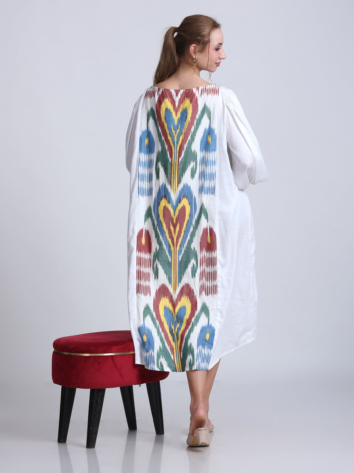 PINKS Uzbek Ikat Detailed Silk Cotton Dress White