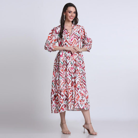 PINKS Cotton Printed Flared Dress Multi