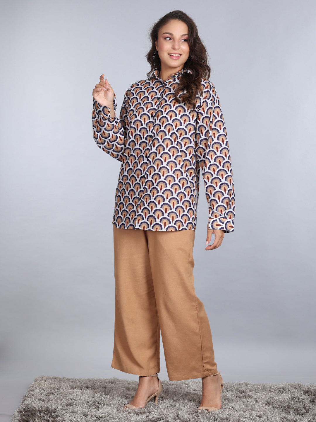 PINKS Coord Set Cotton Printed Shirt and Linen Trouser