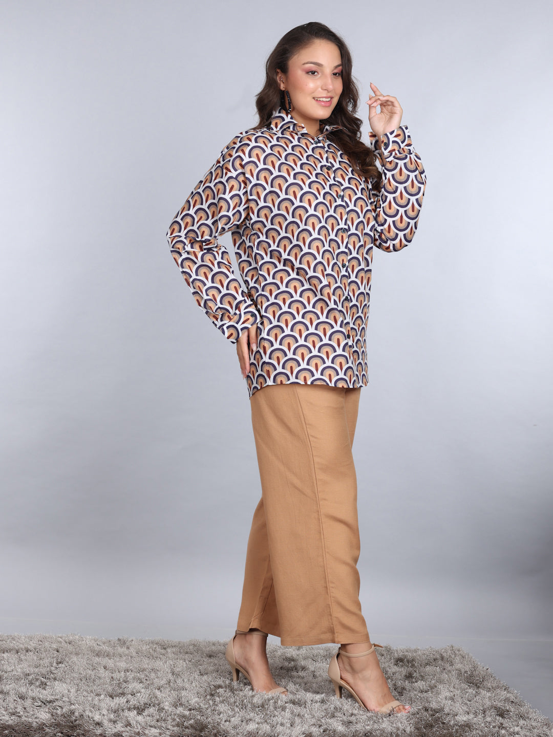 PINKS Coord Set Cotton Printed Shirt and Linen Trouser