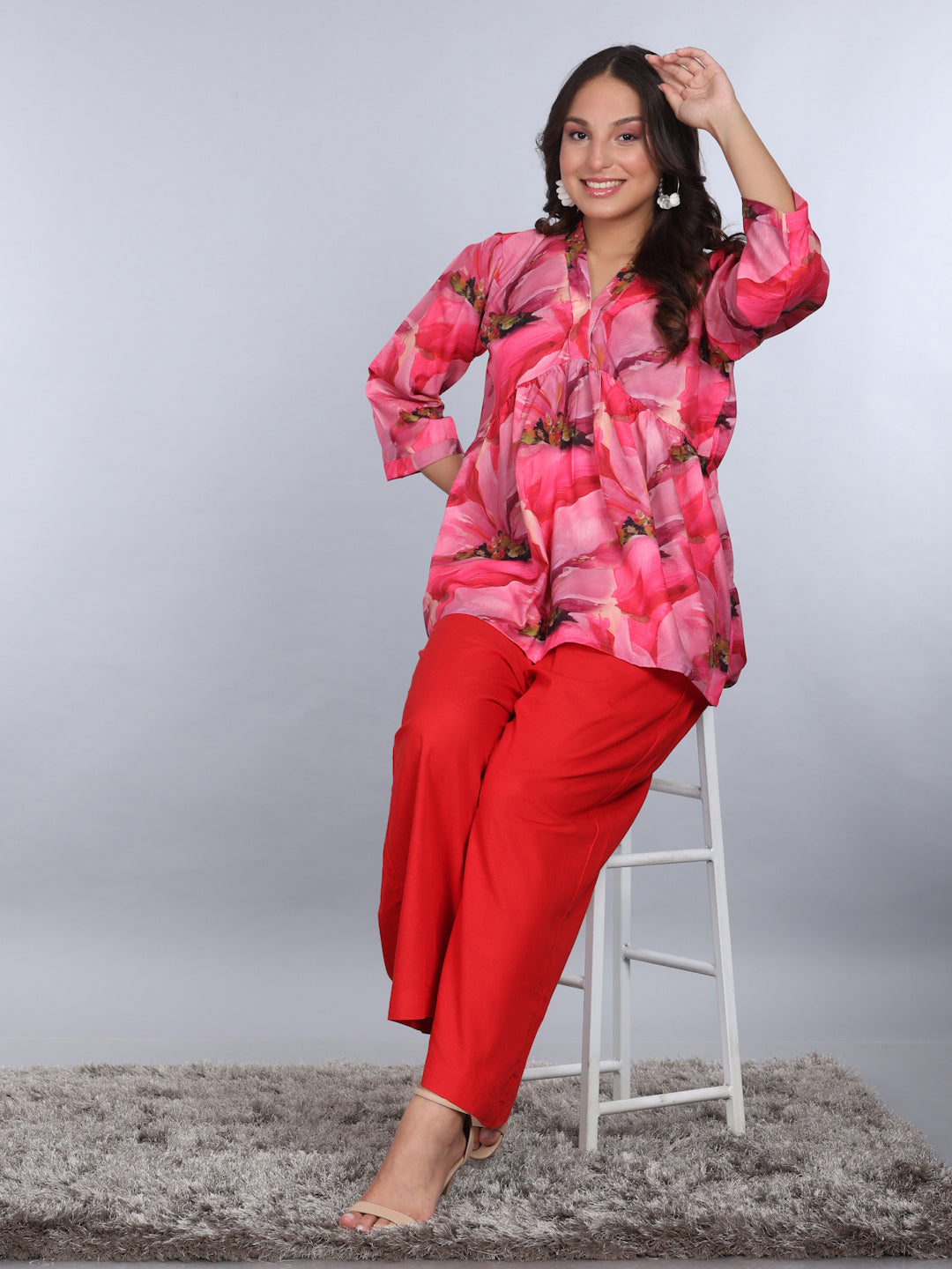 PINKS Coord Set Cotton Printed Tunic Linen Flared Pants