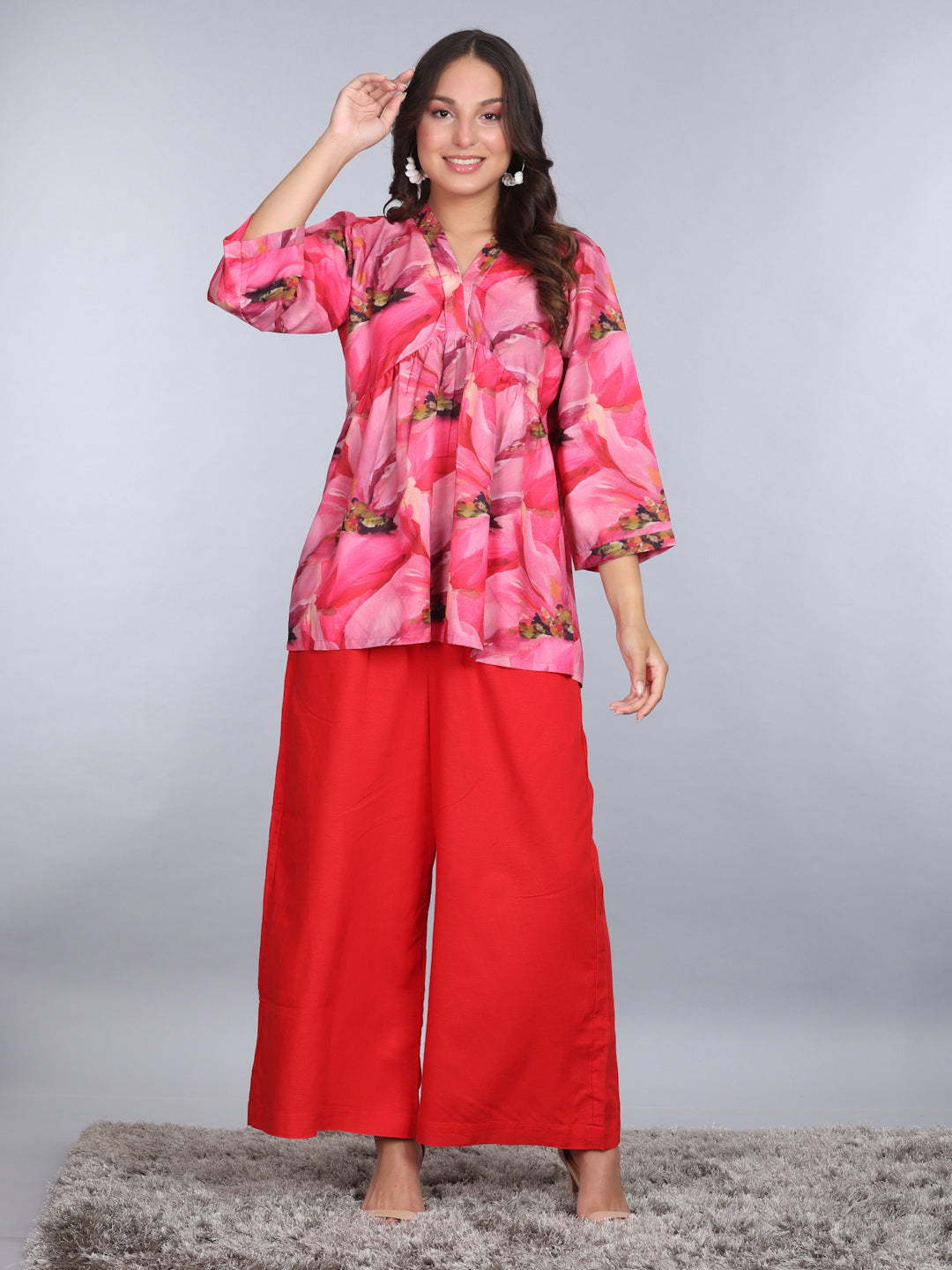 PINKS Coord Set Cotton Printed Tunic Linen Flared Pants