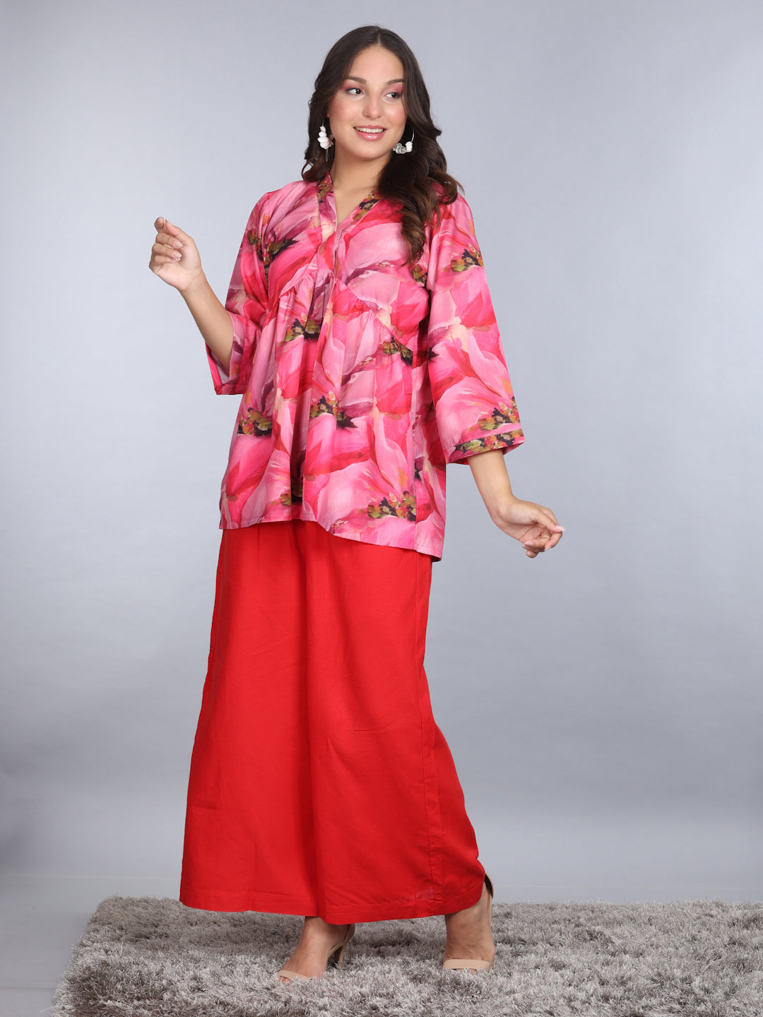 PINKS Coord Set Cotton Printed Tunic Linen Flared Pants