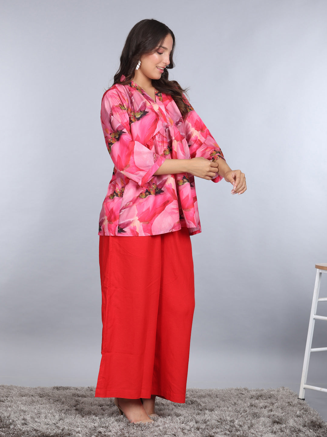 PINKS Coord Set Cotton Printed Tunic Linen Flared Pants