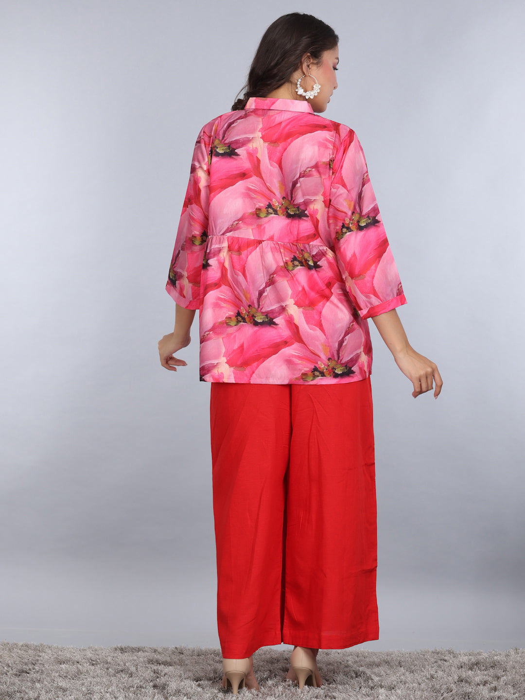 PINKS Coord Set Cotton Printed Tunic Linen Flared Pants