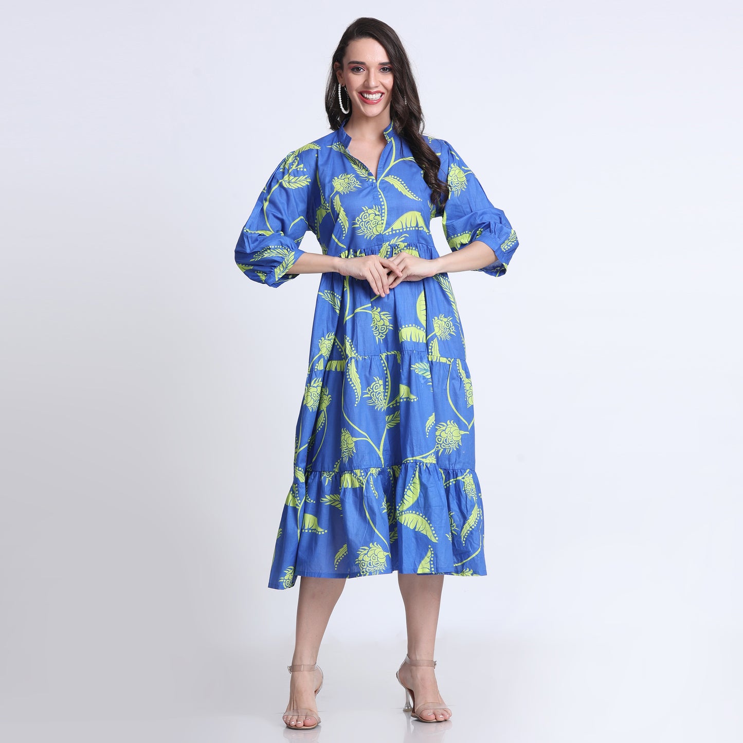 PINKS Cotton Printed Flared Dress Blue