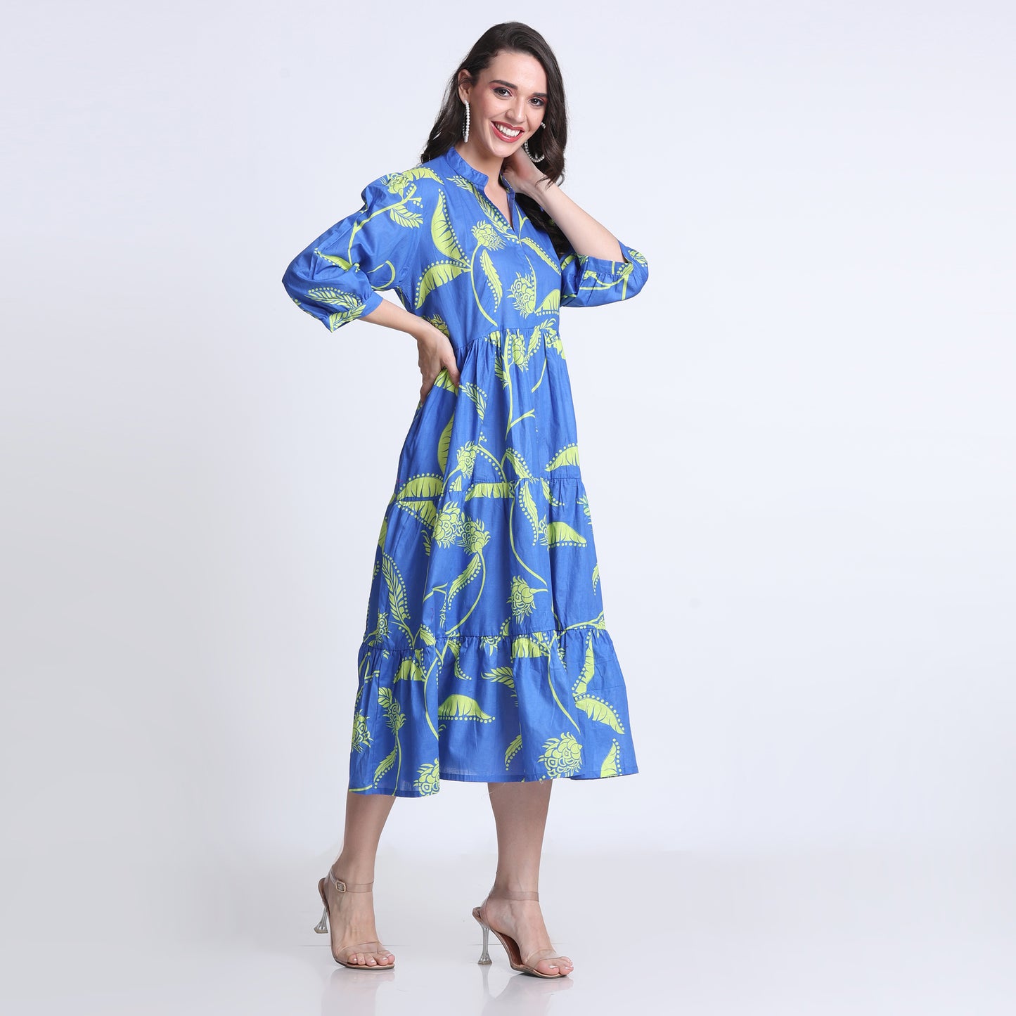 PINKS Cotton Printed Flared Dress Blue