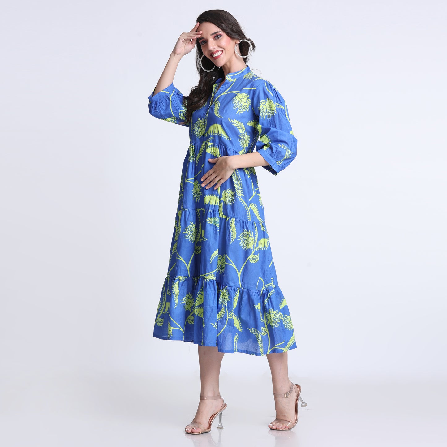 PINKS Cotton Printed Flared Dress Blue