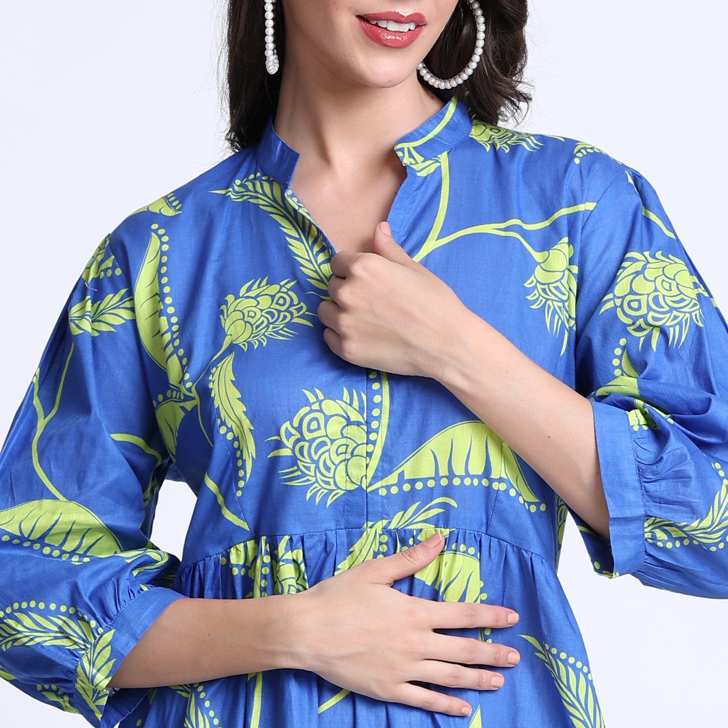 PINKS Cotton Printed Flared Dress Blue