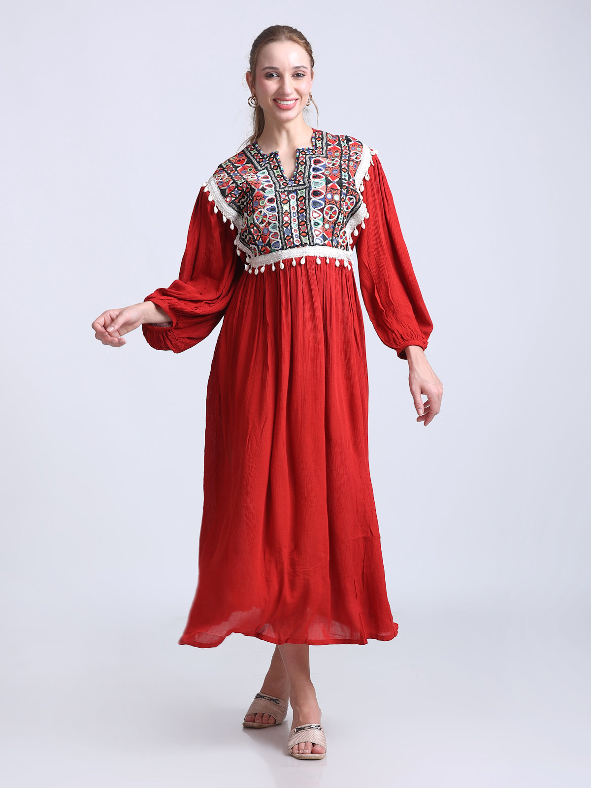 PINKS Dress Front Embroidered Cotton Red