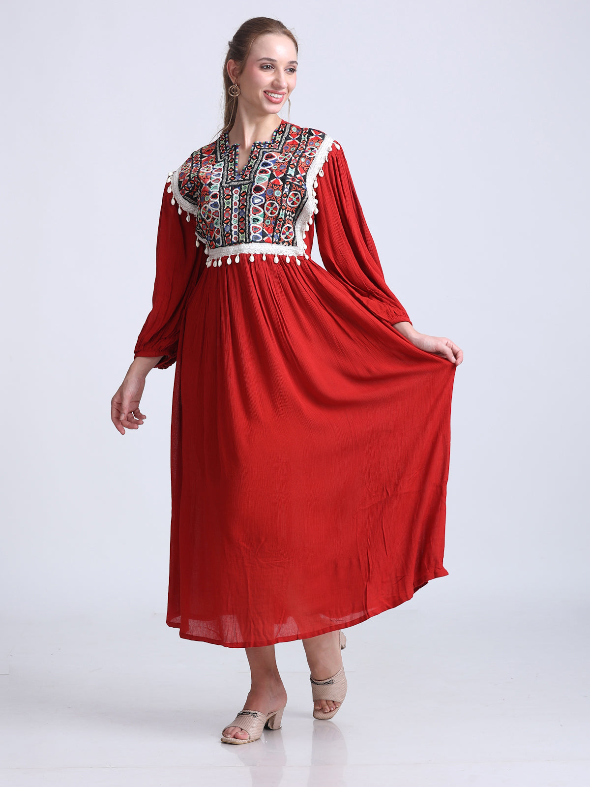 PINKS Dress Front Embroidered Cotton Red