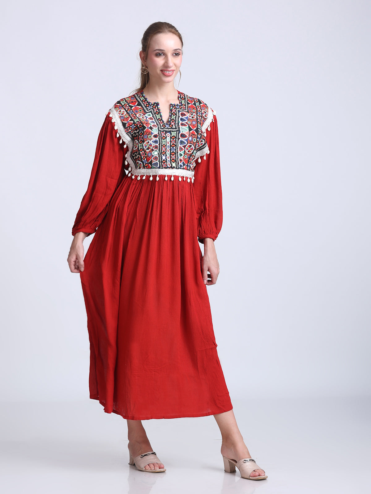 PINKS Dress Front Embroidered Cotton Red