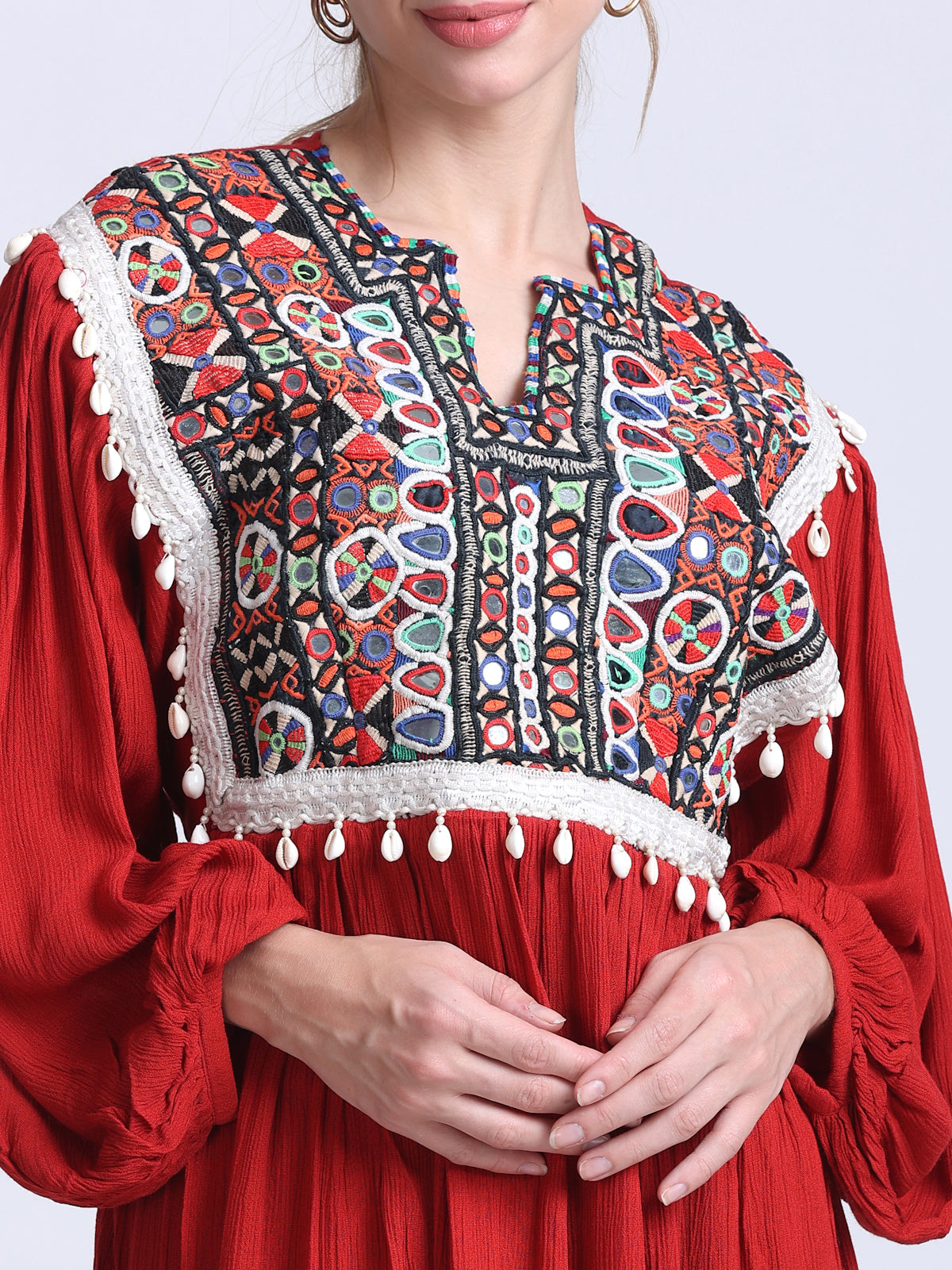 PINKS Dress Front Embroidered Cotton Red