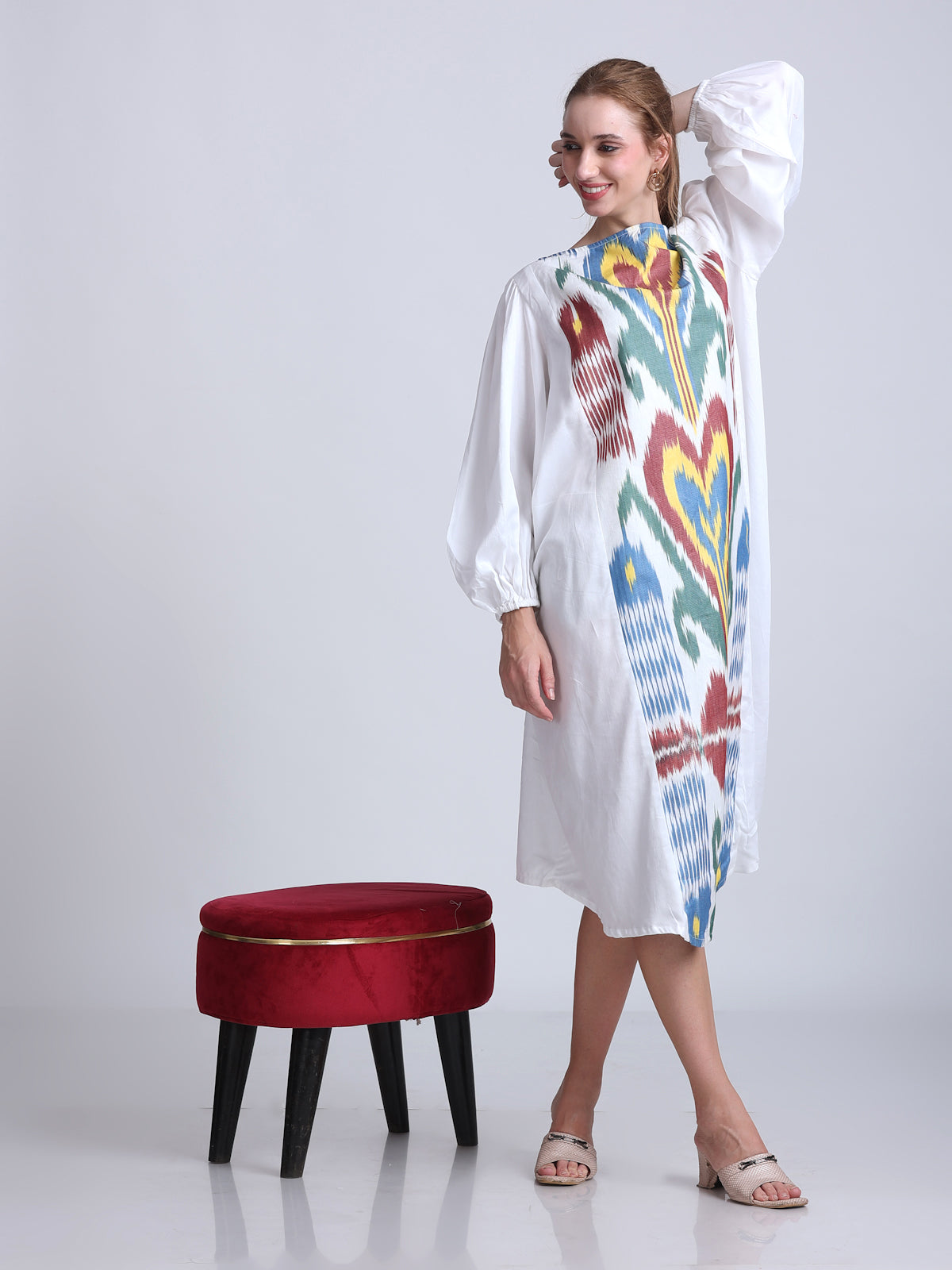 PINKS Uzbek Ikat Detailed Silk Cotton Dress White