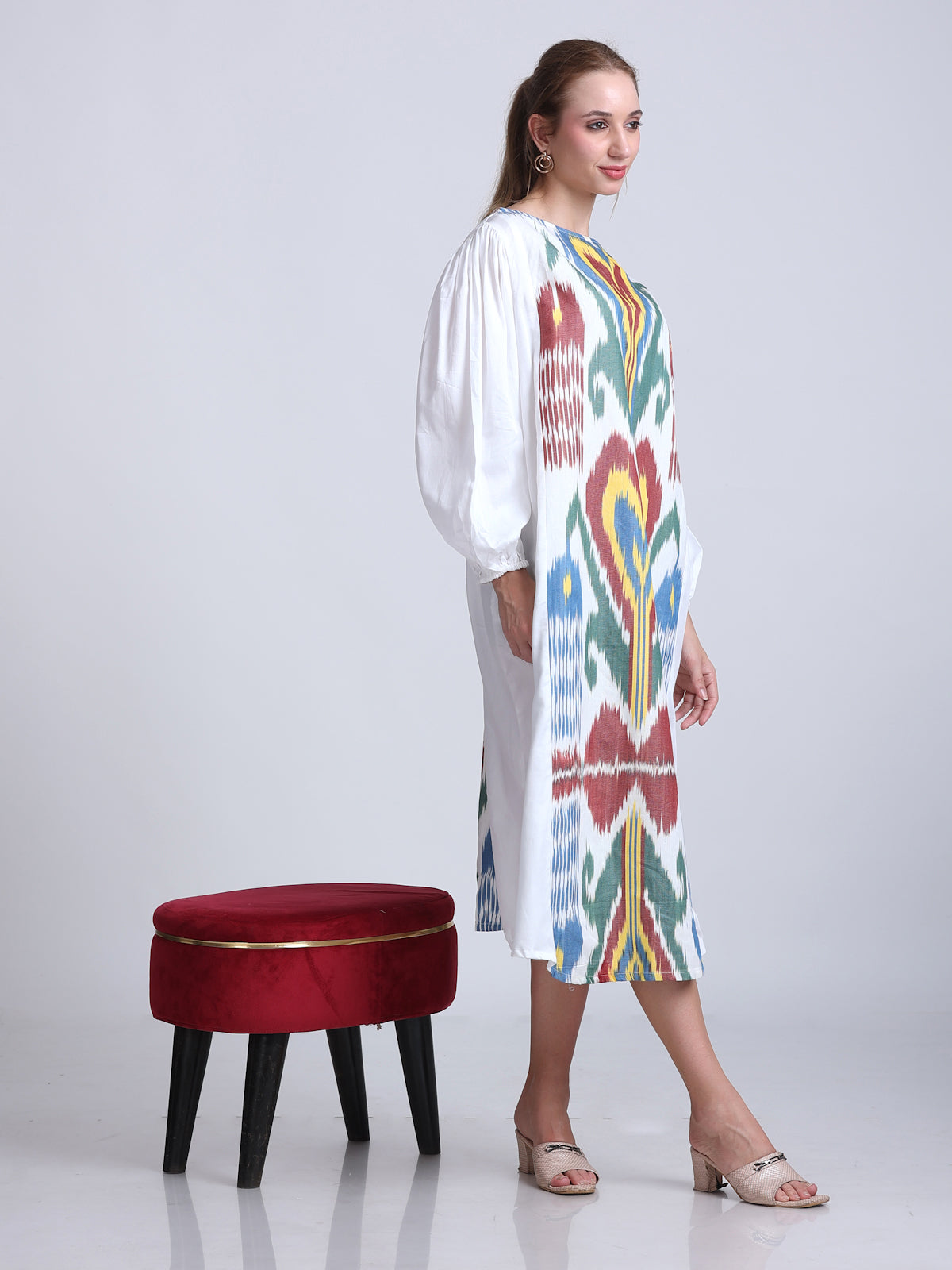 PINKS Uzbek Ikat Detailed Silk Cotton Dress White