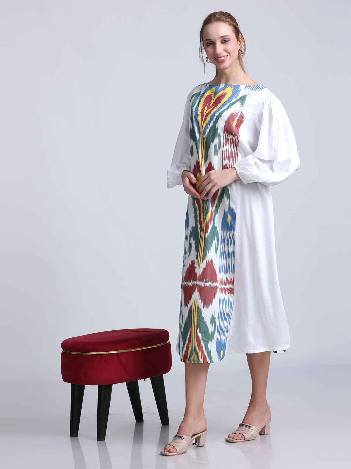 PINKS Uzbek Ikat Detailed Silk Cotton Dress White