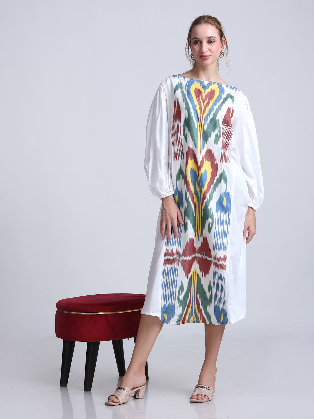 PINKS Uzbek Ikat Detailed Silk Cotton Dress White