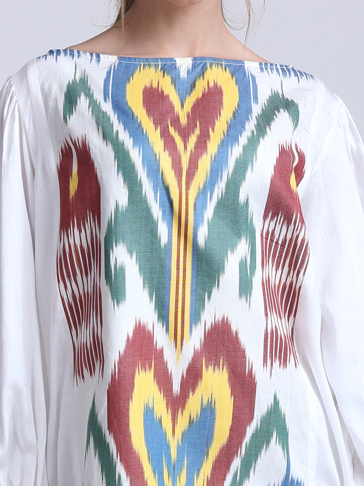 PINKS Uzbek Ikat Detailed Silk Cotton Dress White