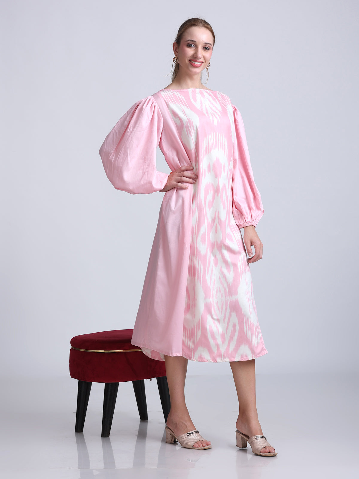 PINKS Uzbek Ikat Detailed Silk Cotton Dress