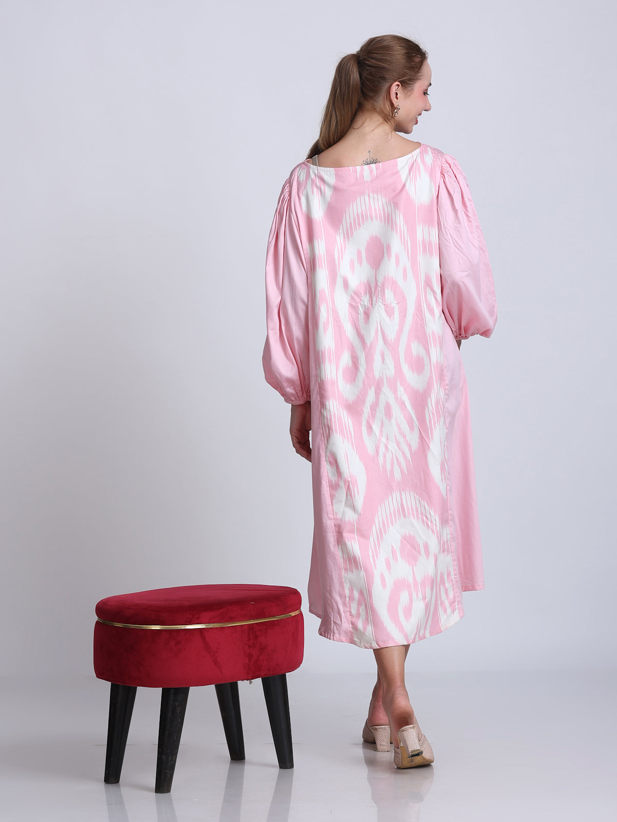 PINKS Uzbek Ikat Detailed Silk Cotton Dress