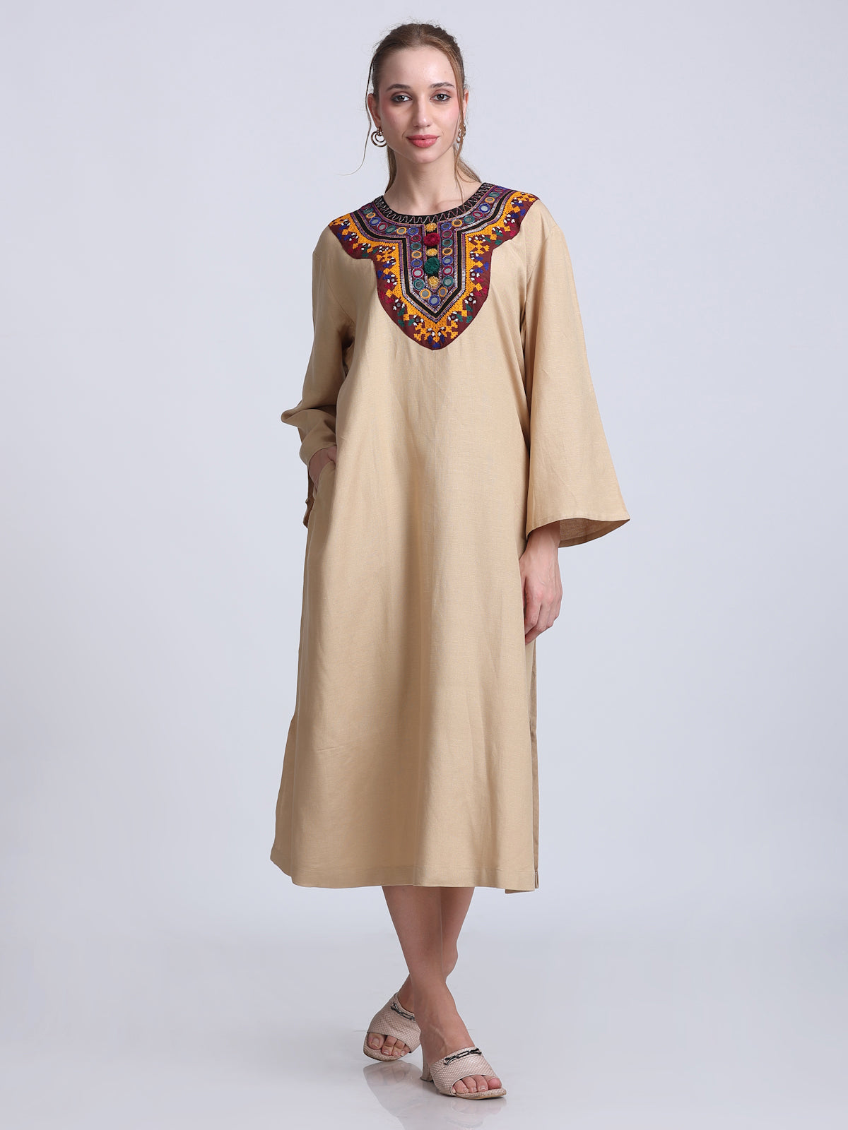 PINKS Front Embroidered Cotton Linen Dress