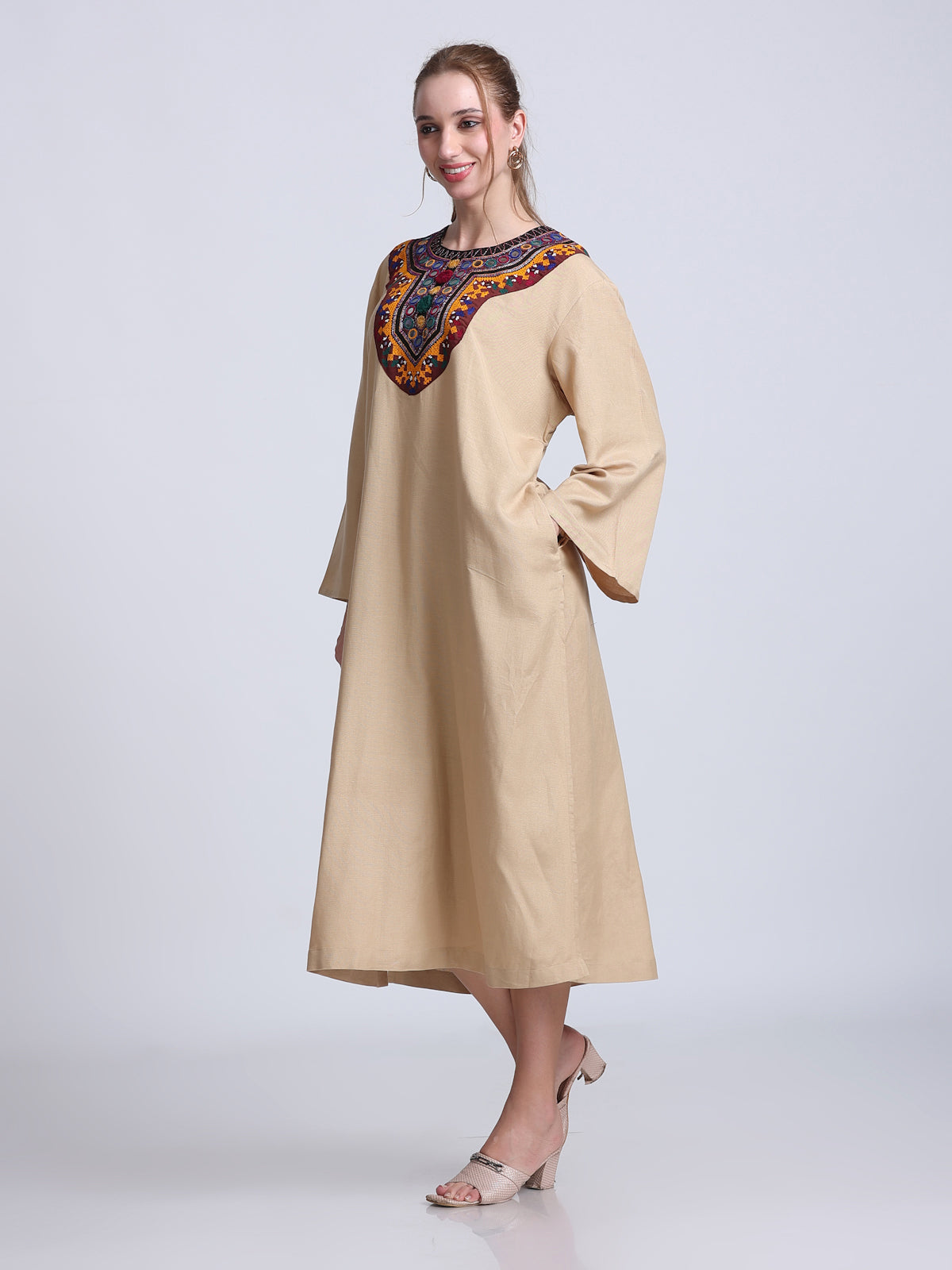 PINKS Front Embroidered Cotton Linen Dress