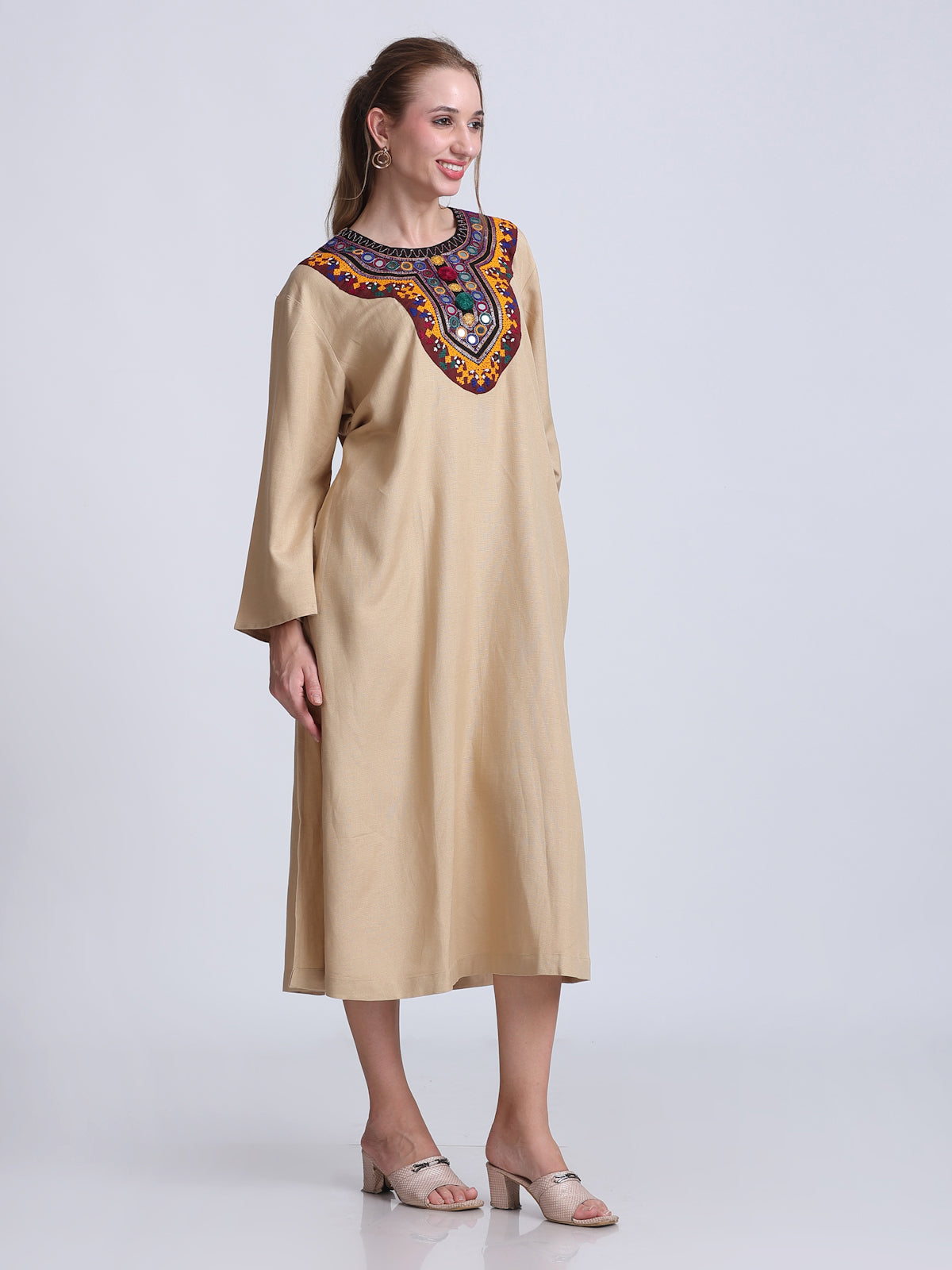 PINKS Front Embroidered Cotton Linen Dress