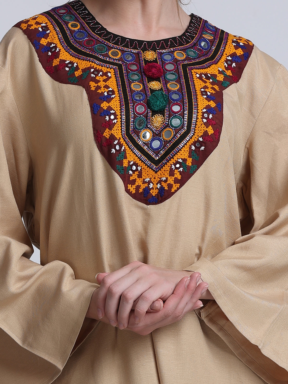 PINKS Front Embroidered Cotton Linen Dress