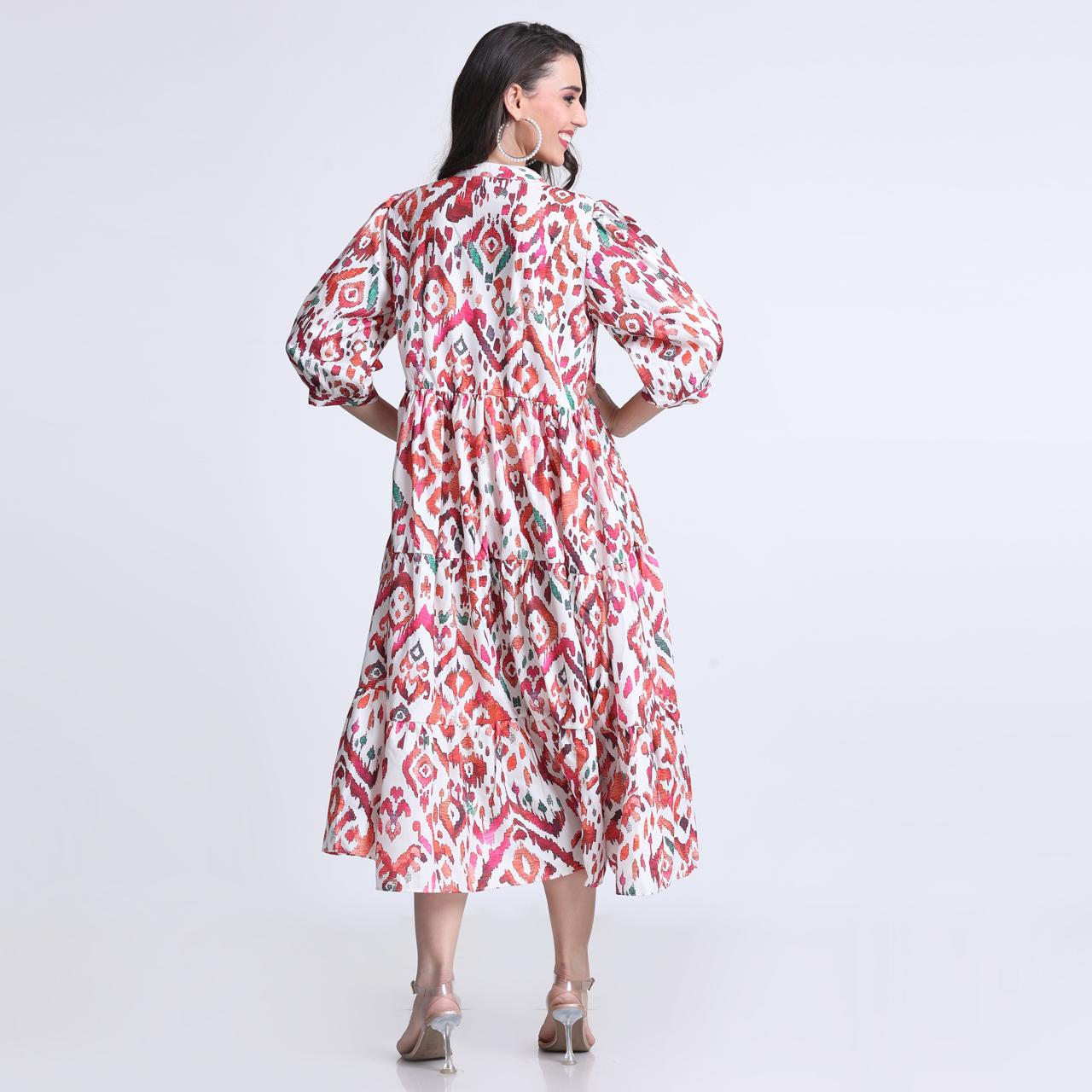 PINKS Cotton Printed Flared Dress Multi