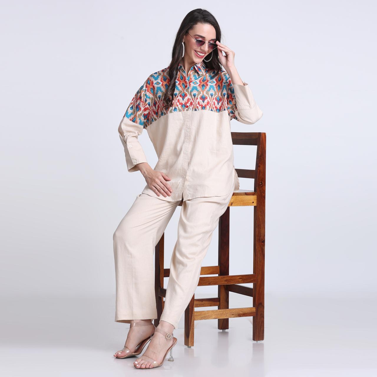 PINKS Cotton Linen Print Detail Coord Set