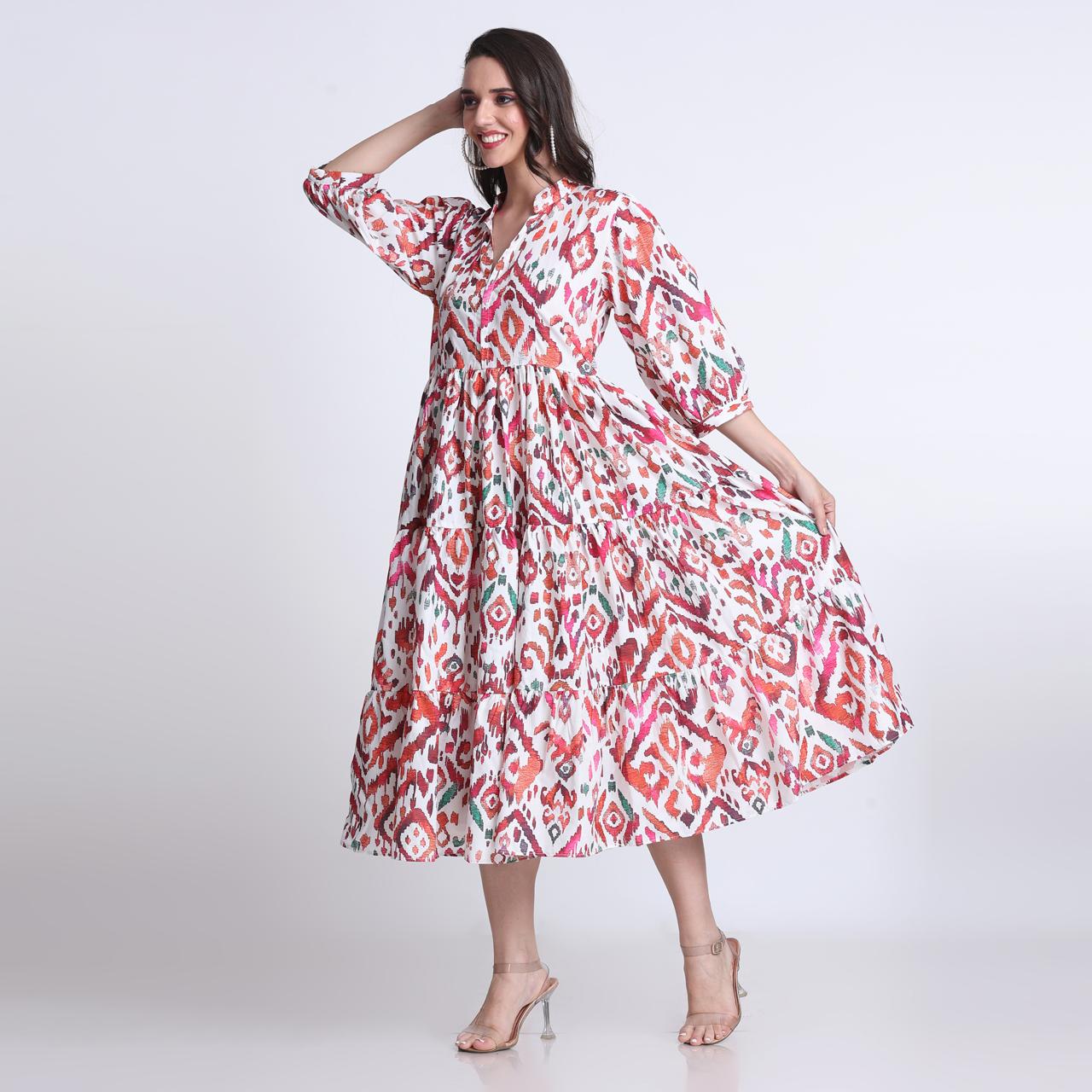 PINKS Cotton Printed Flared Dress Multi
